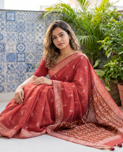 Women's Woven Design Linen Cotton Blend Saree with Unstitched Blouse Piece.