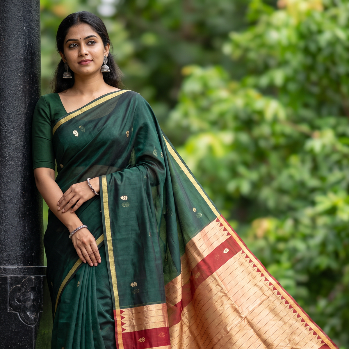 Women's Traditional Chanderi Cotton Linen Blend Saree with Zari Woven Border & Unstitched Blouse Piece.