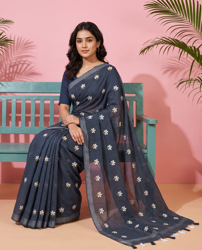 Women's Pure Linen Cotton Floral Embroidered Saree with Unstitched Blouse Piece.