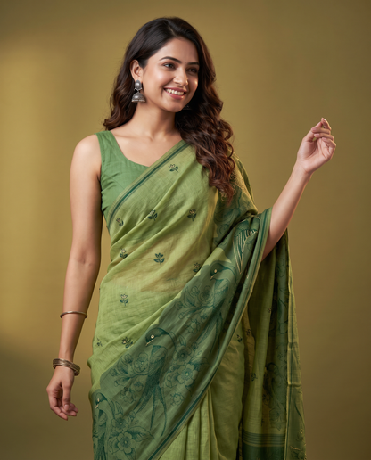 Women's Pure Linen Cotton Floral Embroidered Saree with Unstitched Blouse Piece.