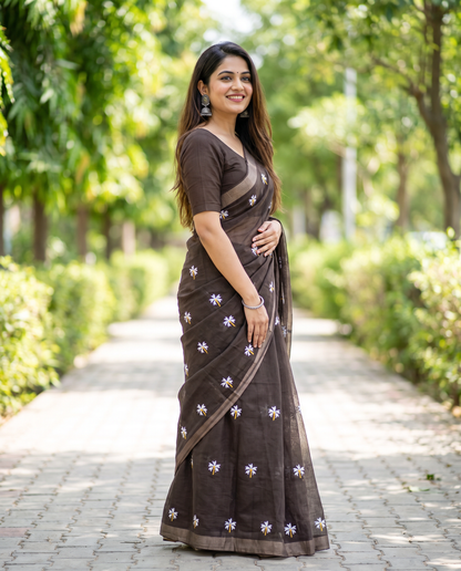 Women's Pure Linen Cotton Floral Embroidered Saree with Unstitched Blouse Piece.
