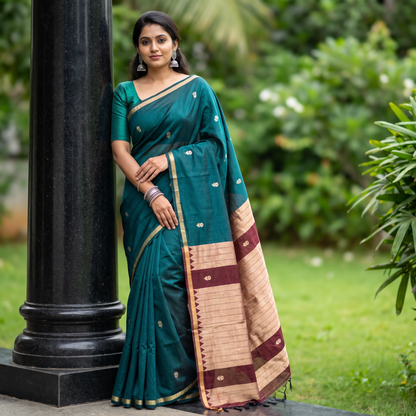 Women's Traditional Chanderi Cotton Linen Blend Saree with Zari Woven Border & Unstitched Blouse Piece.