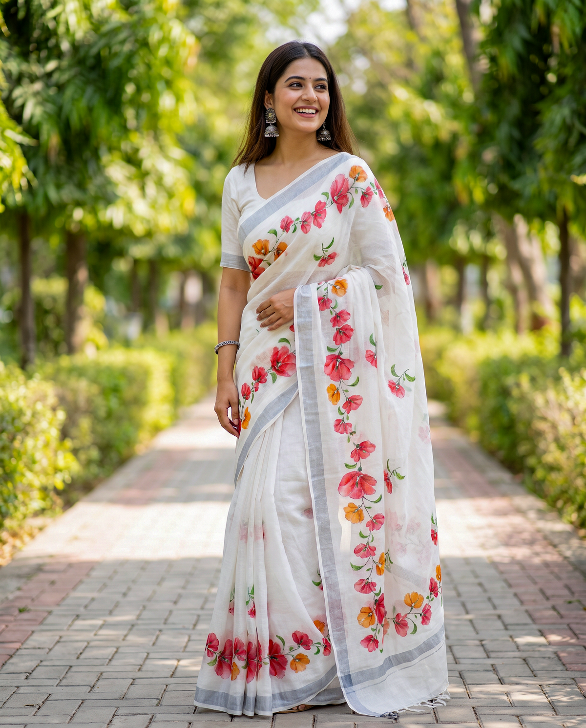 Women's Cotton Linen Blend Floral Printed Saree with Silver Zari Border & Unstitched Blouse Piece.