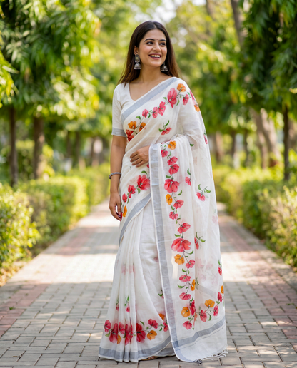 Women's Cotton Linen Blend Floral Printed Saree with Silver Zari Border & Unstitched Blouse Piece.