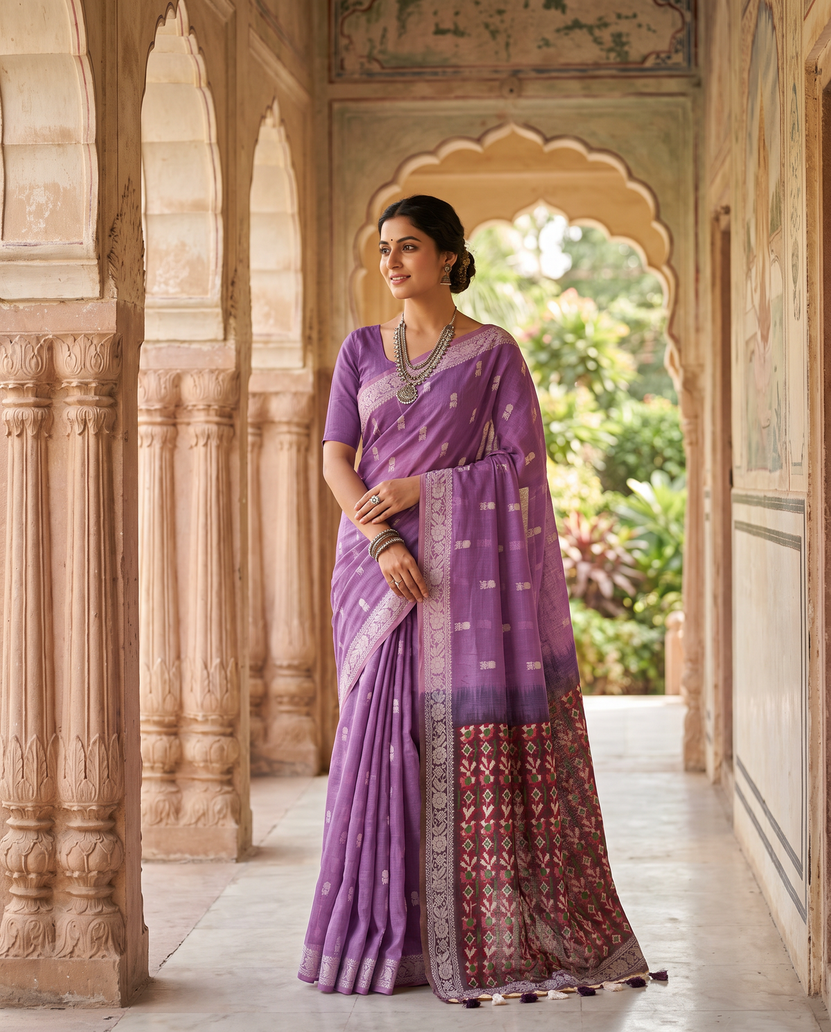 Women's Woven Design Linen Cotton Blend Saree with Unstitched Blouse Piece.
