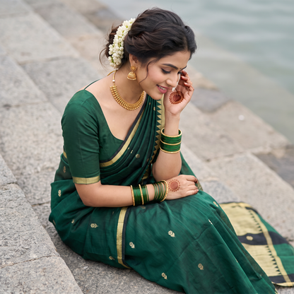 Women's Traditional Chanderi Cotton Linen Blend Saree with Zari Woven Border & Unstitched Blouse Piece.