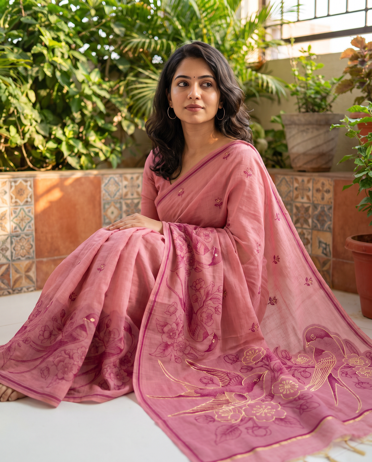 Women's Pure Linen Cotton Floral Embroidered Saree with Unstitched Blouse Piece.