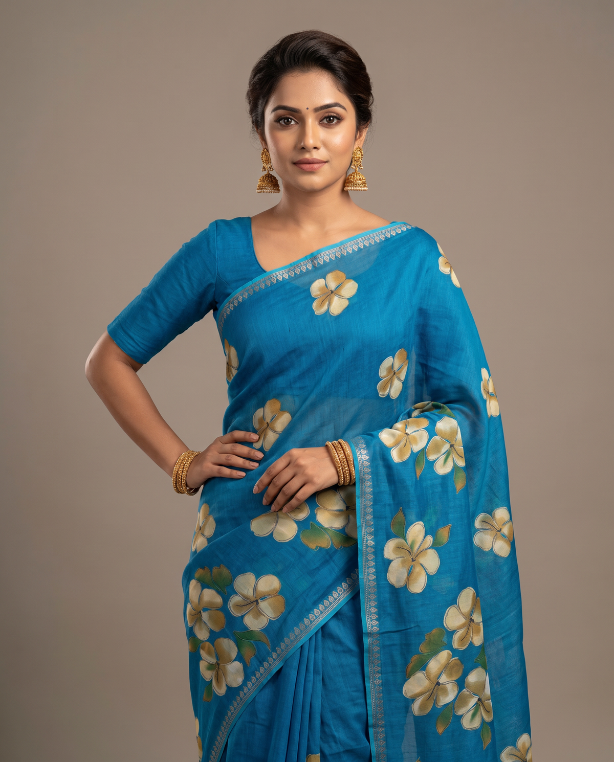 Women's Floral Hand Printed Dull Moss Saree with Unstitched Blouse Piece.