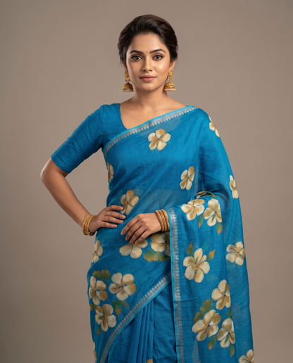 Women's Floral Hand Printed Dull Moss Saree with Unstitched Blouse Piece.