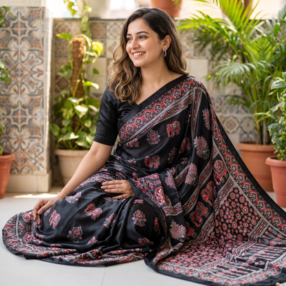Shri Hari Sarees Women's Ethnic Ajrakh Mirror Printed Art Silk Saree with Unstitched Blouse Piece.