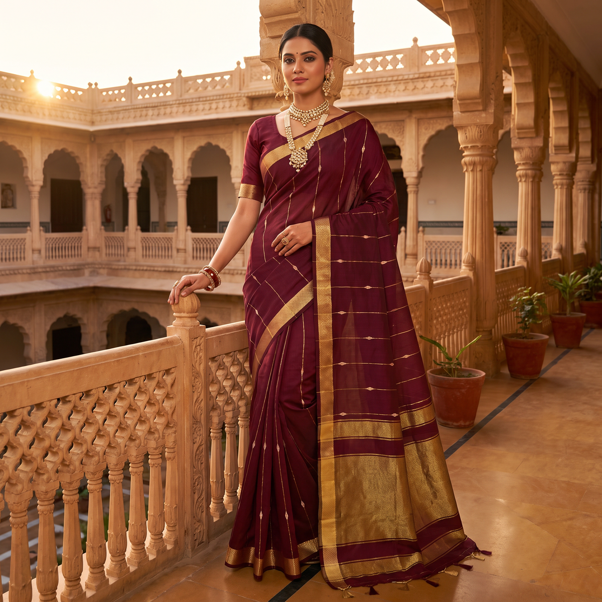 Women's Zari Maheshswari Cotton Blend Zari Woven Saree with Unstitched Blouse Piece.