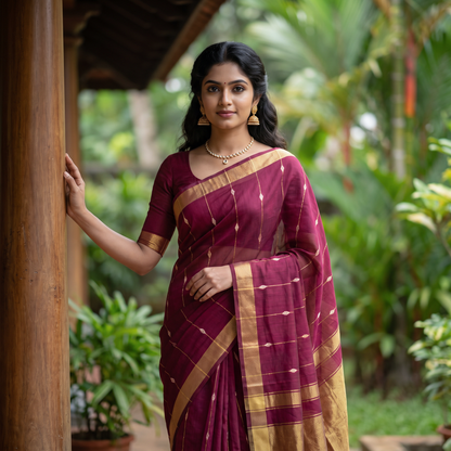 Women's Zari Maheshswari Cotton Blend Zari Woven Saree with Unstitched Blouse Piece.