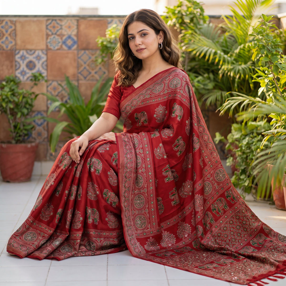 Shri Hari Sarees Women's Ethnic Ajrakh Mirror Printed Art Silk Saree with Unstitched Blouse Piece.