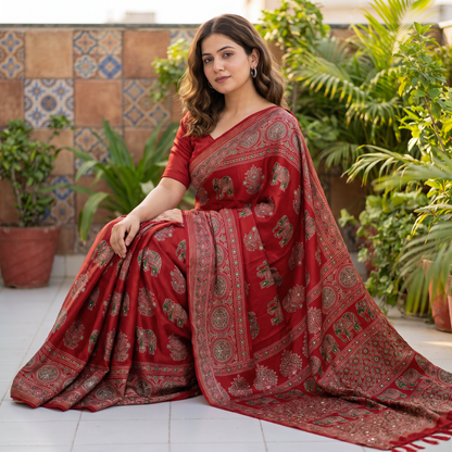 Shri Hari Sarees Women's Ethnic Ajrakh Mirror Printed Art Silk Saree with Unstitched Blouse Piece.