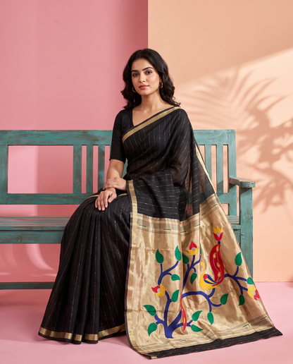 Women's Paithani Silk Blend Saree with Zari Woven Striped Lines and Peacock Floral Pallu including Unstitched Blouse Piece.