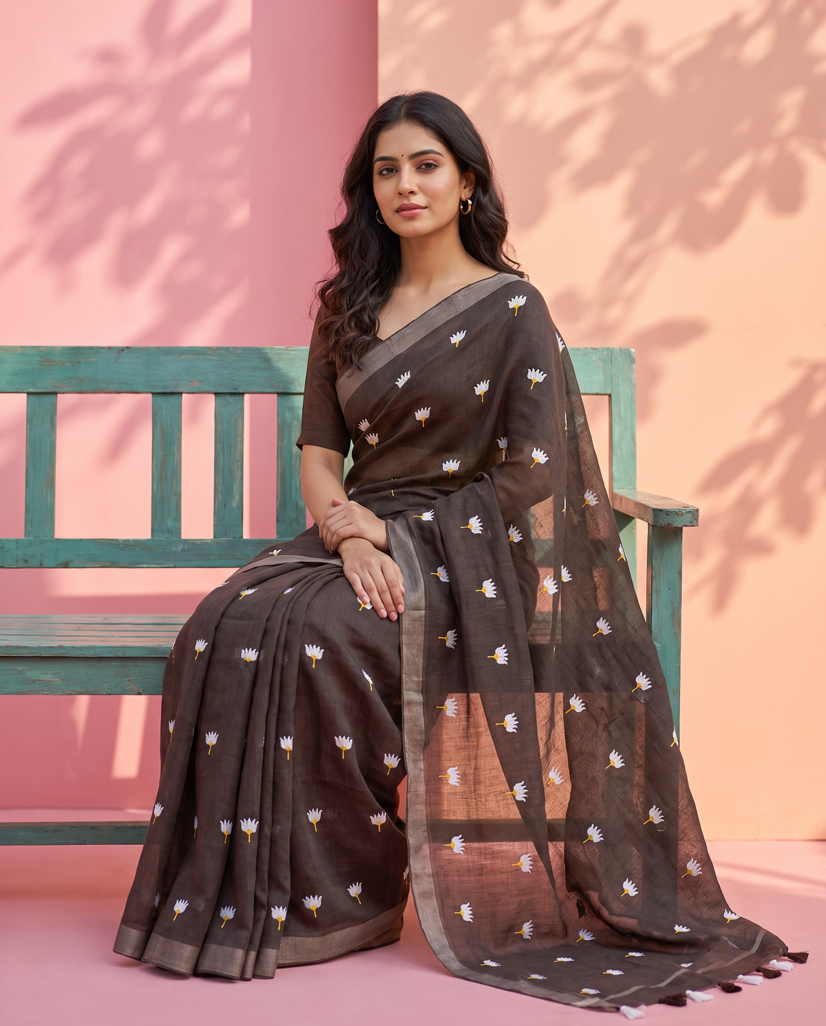 Women's Pure Linen Cotton Floral Embroidered Saree with Unstitched Blouse Piece.