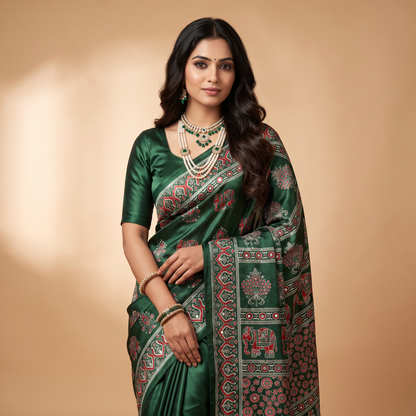 Shri Hari Sarees Women's Ethnic Ajrakh Mirror Printed Art Silk Saree with Unstitched Blouse Piece.