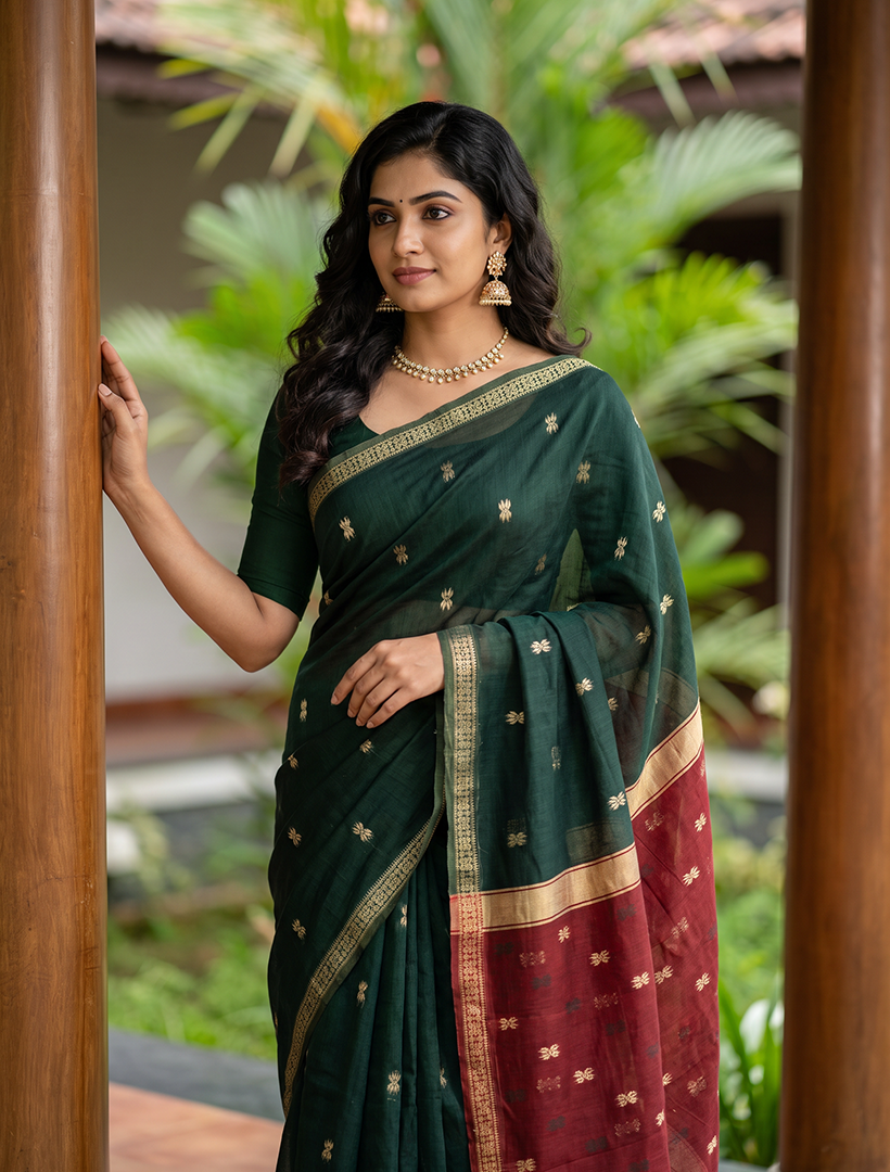 Women's Maheshwari Cotton Blend Woven Zari Saree with Unstitched Blouse Piece.