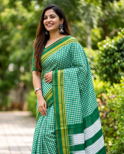 Women's Synthetic Silk Blend Checked Saree with Contrast Border & Unstitched Blouse Piece.