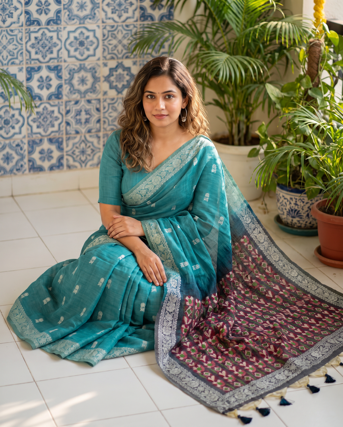 Women's Woven Design Linen Cotton Blend Saree with Unstitched Blouse Piece.
