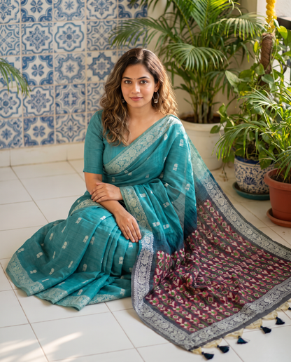 Women's Woven Design Linen Cotton Blend Saree with Unstitched Blouse Piece.