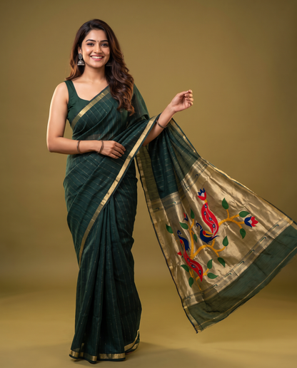 Women's Paithani Silk Blend Saree with Zari Woven Striped Lines and Peacock Floral Pallu including Unstitched Blouse Piece.