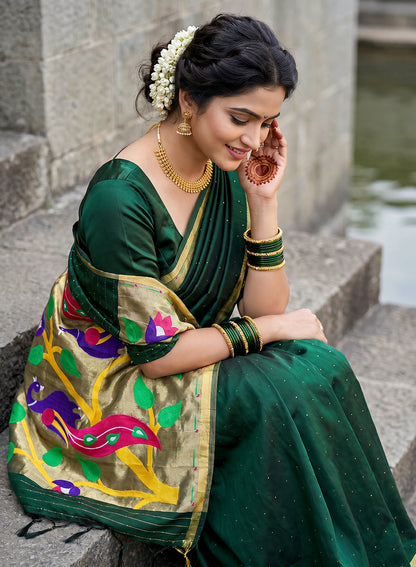 Women's Paithani Style Woven Linen Cotton Saree with Unstitched Blouse Piece.