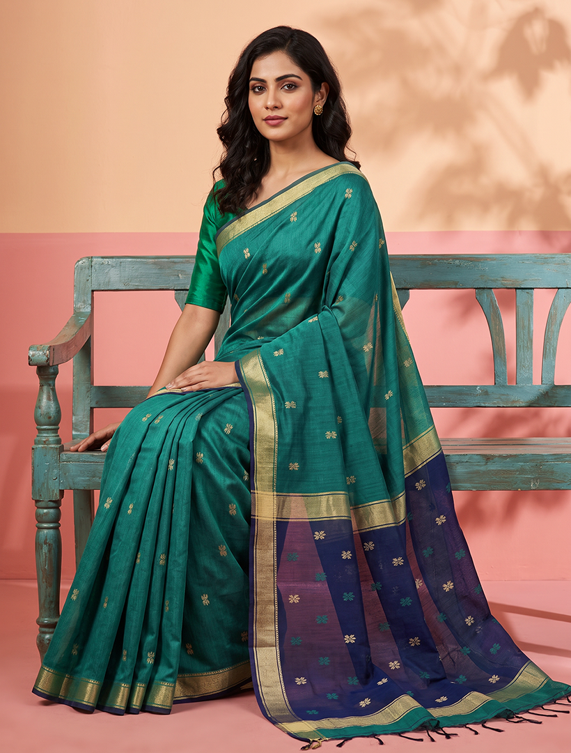 Women's Maheshwari Cotton Blend Woven Zari Saree with Unstitched Blouse Piece.