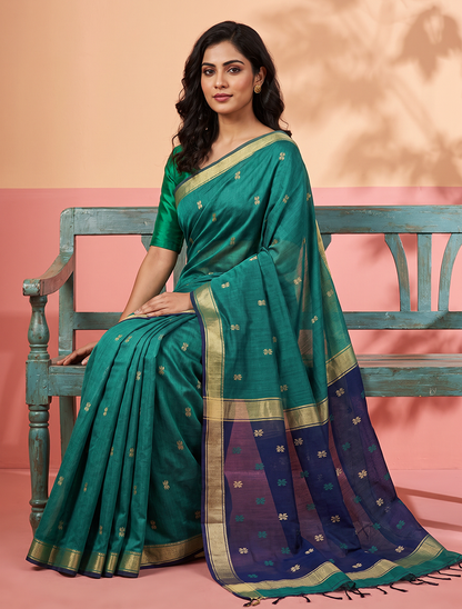 Women's Maheshwari Cotton Blend Woven Zari Saree with Unstitched Blouse Piece.