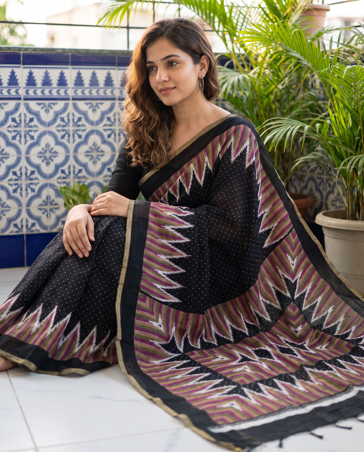 Women's Cotton Blend Ikat Print Saree with Unstitched Blouse Piece.