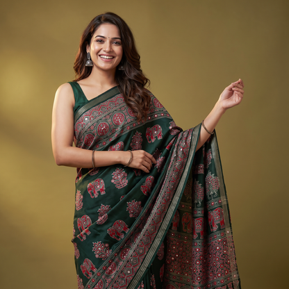 Shri Hari Sarees Women's Ethnic Ajrakh Mirror Printed Art Silk Saree with Unstitched Blouse Piece.