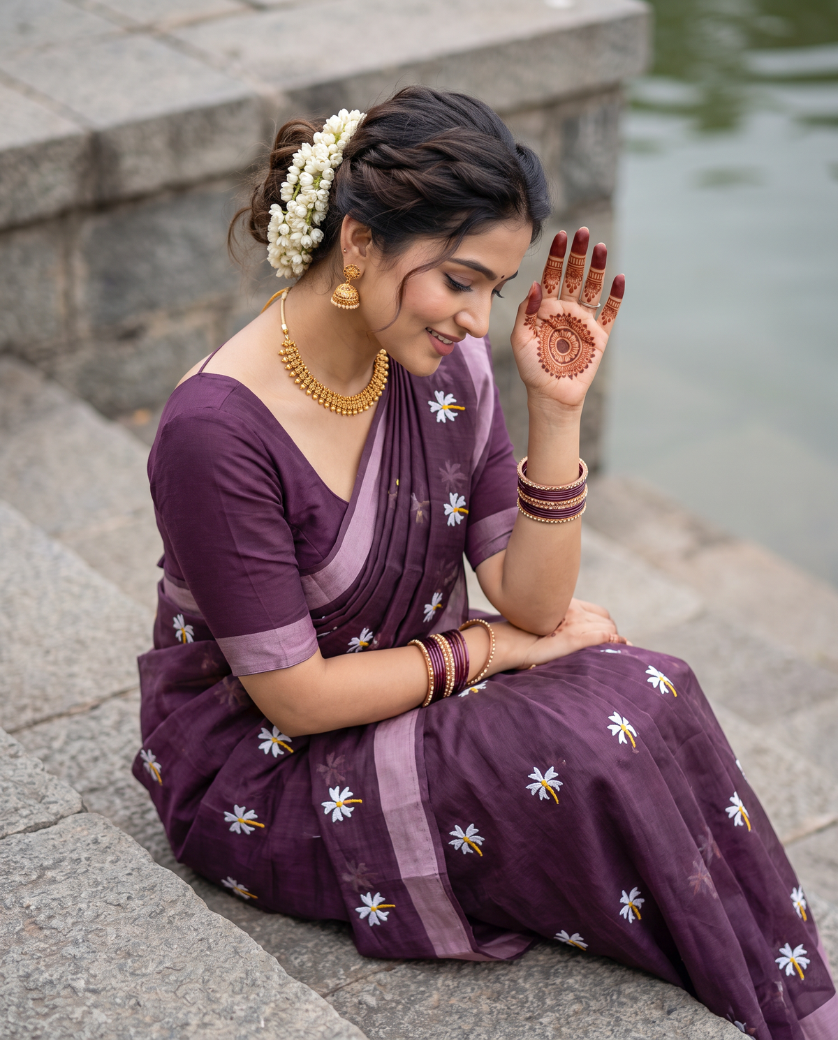 Women's Pure Linen Cotton Floral Embroidered Saree with Unstitched Blouse Piece.