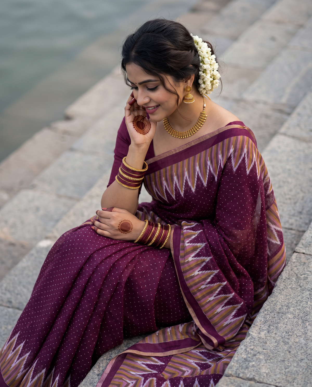 Women's Cotton Blend Ikat Print Saree with Unstitched Blouse Piece.
