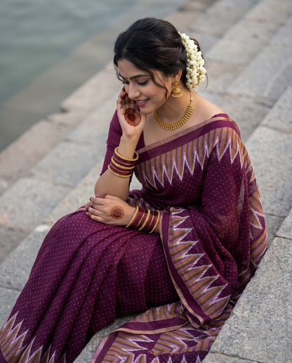 Women's Cotton Blend Ikat Print Saree with Unstitched Blouse Piece.