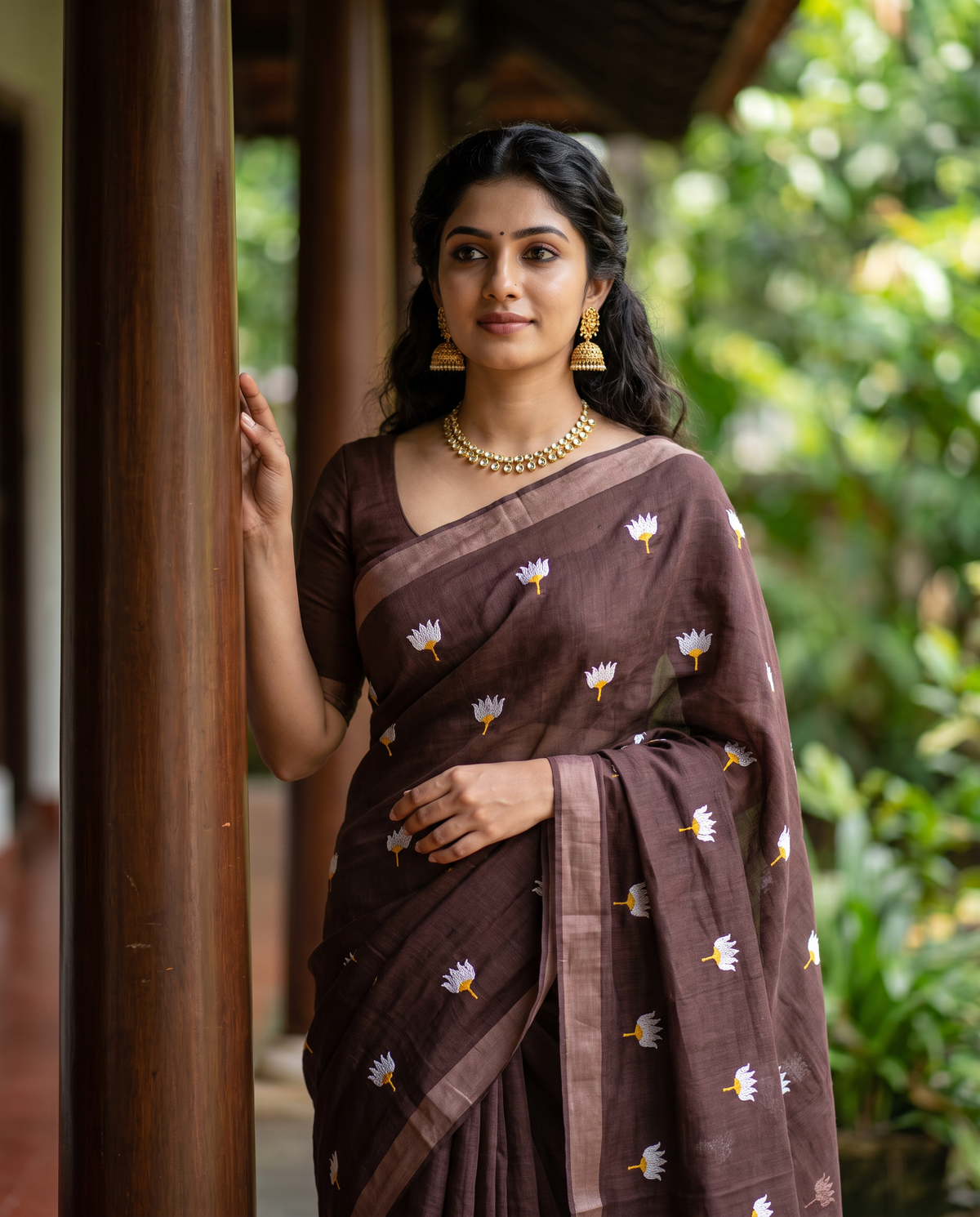 Women's Pure Linen Cotton Floral Embroidered Saree with Unstitched Blouse Piece.