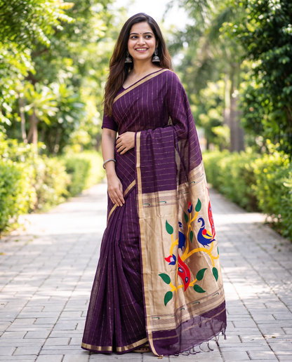 Women's Paithani Silk Blend Saree with Zari Woven Striped Lines and Peacock Floral Pallu including Unstitched Blouse Piece.