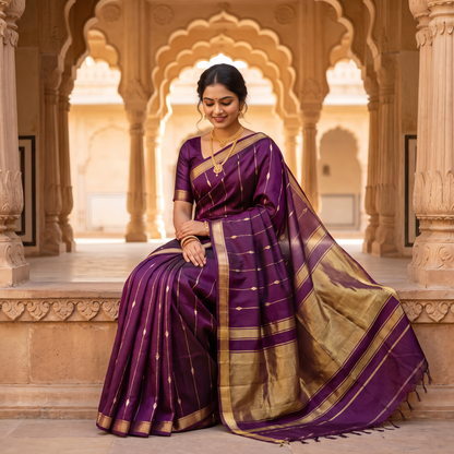 Women's Zari Maheshswari Cotton Blend Zari Woven Saree with Unstitched Blouse Piece.
