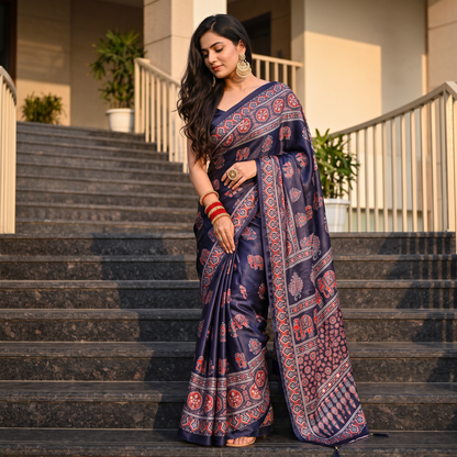 Shri Hari Sarees Women's Ethnic Ajrakh Mirror Printed Art Silk Saree with Unstitched Blouse Piece.