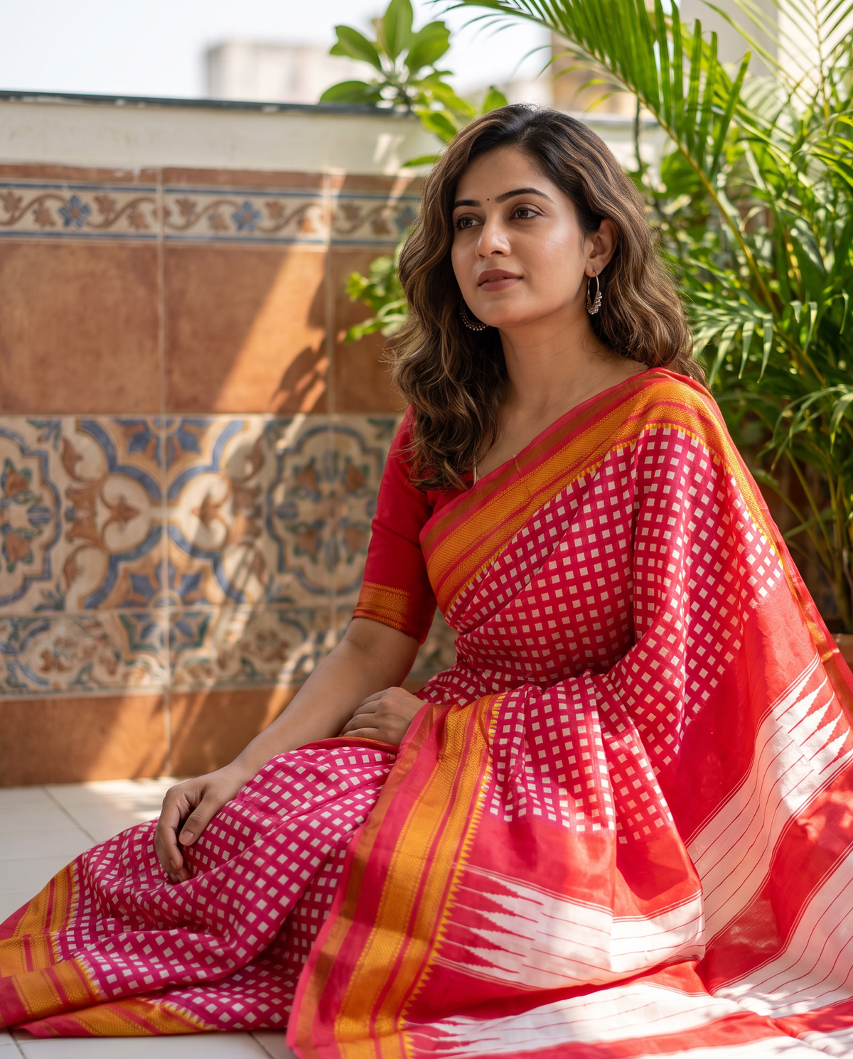 Women's Synthetic Silk Blend Checked Saree with Contrast Border & Unstitched Blouse Piece.