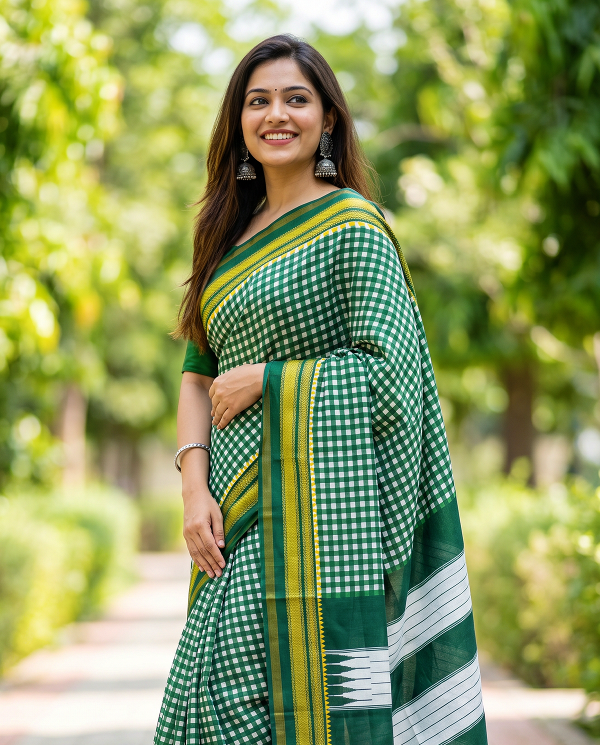 Women's Synthetic Silk Blend Checked Saree with Contrast Border & Unstitched Blouse Piece.