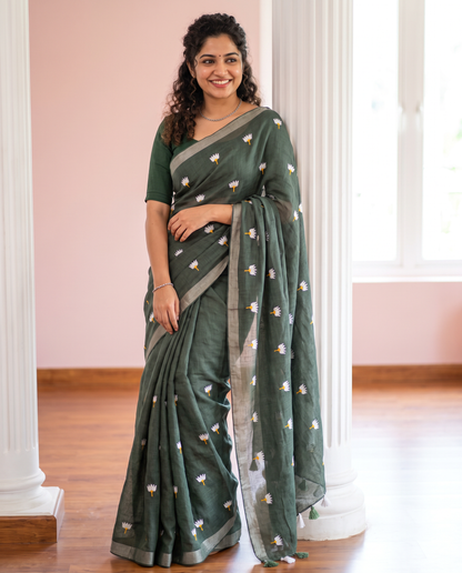 Women's Pure Linen Cotton Floral Embroidered Saree with Unstitched Blouse Piece.