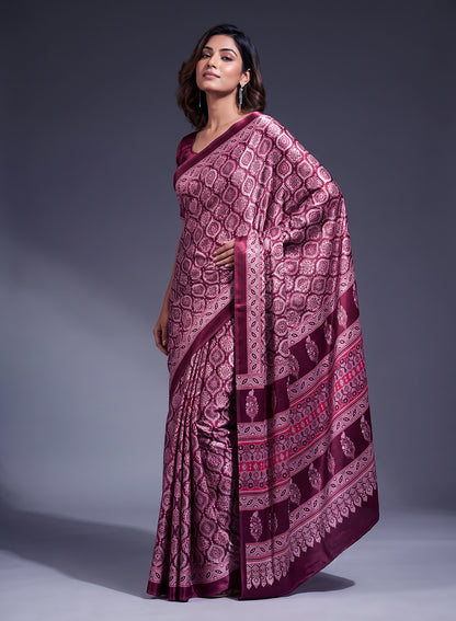Women's Traditional Floral Block Printed Art Silk Saree with Unstitched Blouse Piece.