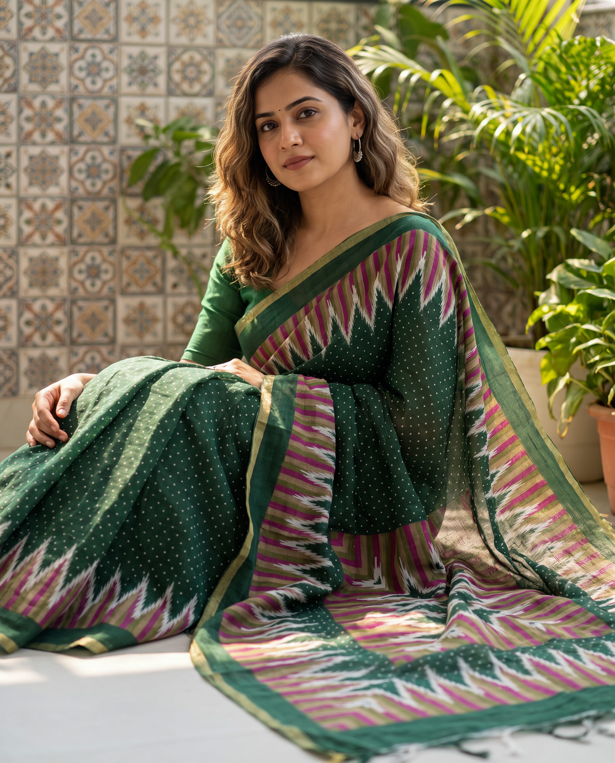 Women's Cotton Blend Ikat Print Saree with Unstitched Blouse Piece.
