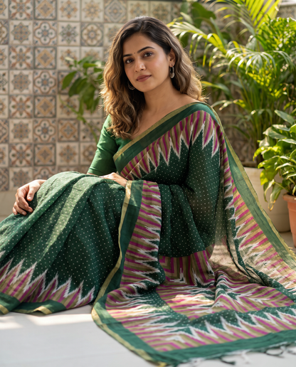 Women's Cotton Blend Ikat Print Saree with Unstitched Blouse Piece.