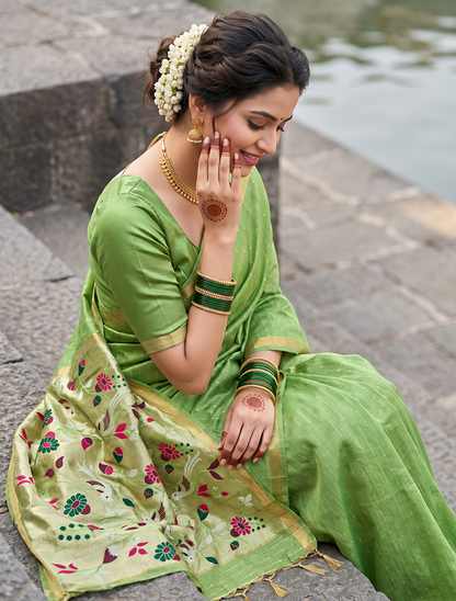 Women's Woven Paithani Art Silk Saree with Unstitched Blouse Piece.