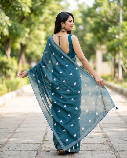 Women's Pure Linen Cotton Floral Embroidered Saree with Unstitched Blouse Piece.