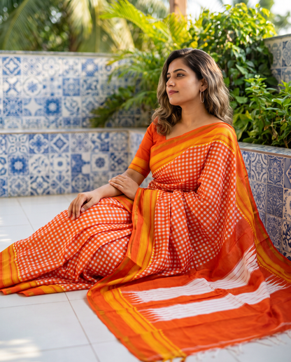 Women's Synthetic Silk Blend Checked Saree with Contrast Border & Unstitched Blouse Piece.
