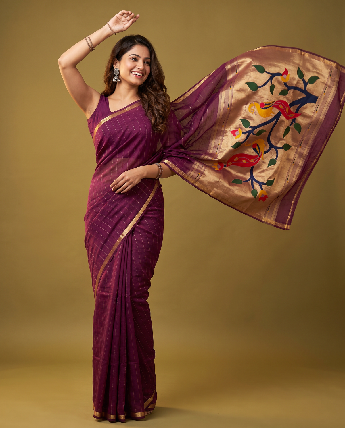 Women's Paithani Silk Blend Saree with Zari Woven Striped Lines and Peacock Floral Pallu including Unstitched Blouse Piece.