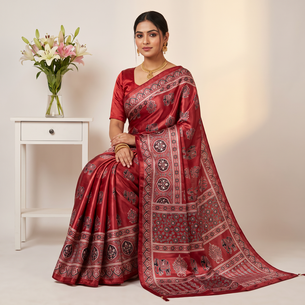 Shri Hari Sarees Women's Ethnic Ajrakh Mirror Printed Art Silk Saree with Unstitched Blouse Piece.