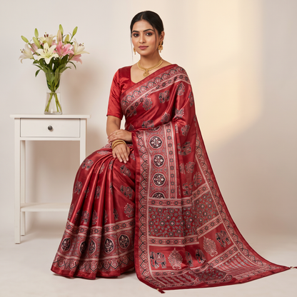 Shri Hari Sarees Women's Ethnic Ajrakh Mirror Printed Art Silk Saree with Unstitched Blouse Piece.